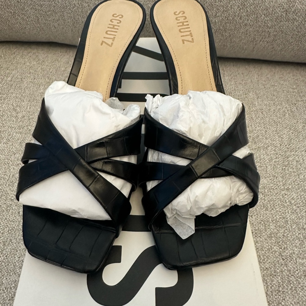 SCHUTZ Black Croc-Embossed Keefa Leather Mules New/ Box & Dustbag Size 8 60mm - Picture 9 of 11